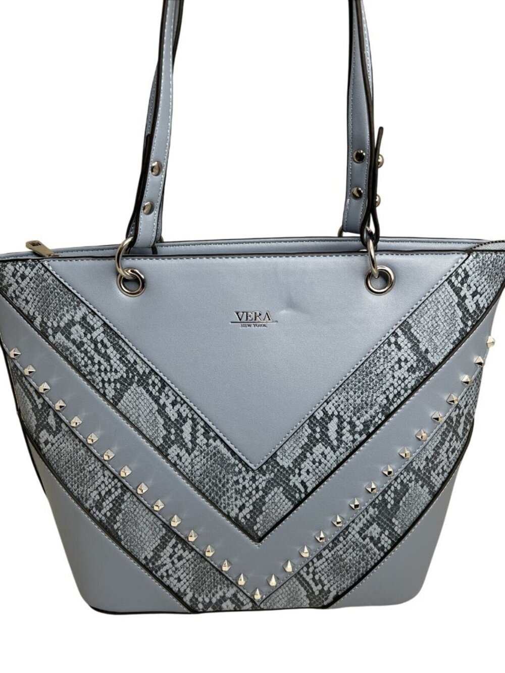 Vera New York Blue Faux Leather Studded Tote With Snake Print Design & Zip Closu